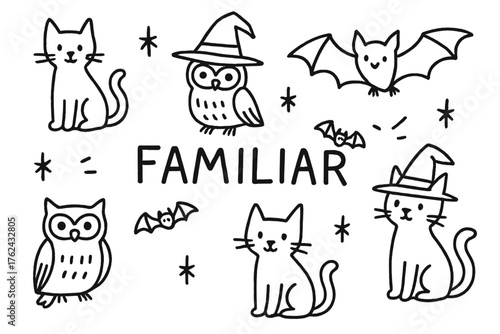 Witchy Animal Companions. Doodle witch familiars with cats, owls, and bats, center word “Familiar” in black and white isolated