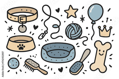Cute Pet Accessories Doodles. Pets accessories doodle icon set: hand drawn icons of collar, leash, bowl, toy, crown, star, balloon