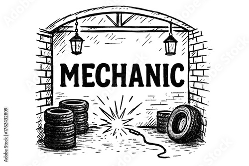 Mechanic's Garage Art. Hand-drawn garage with tires, lanterns, and sparks, center word “Mechanic” in black and white isolated