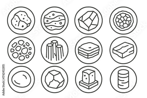 Rock Type Icons. Line style round icons of rock types: igneous, sedimentary, metamorphic, geode; granite, basalt, sandstone, slate