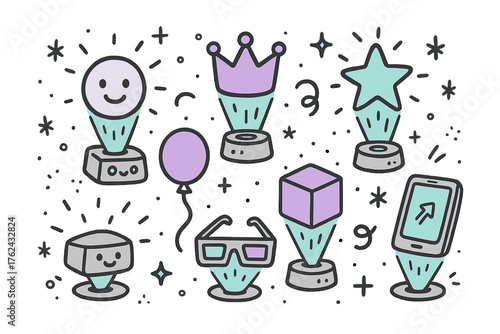 Hologram Doodle Icons. Hologram game doodle icon set: hand drawn icons of hologram projector with smile, crown, star, balloon,