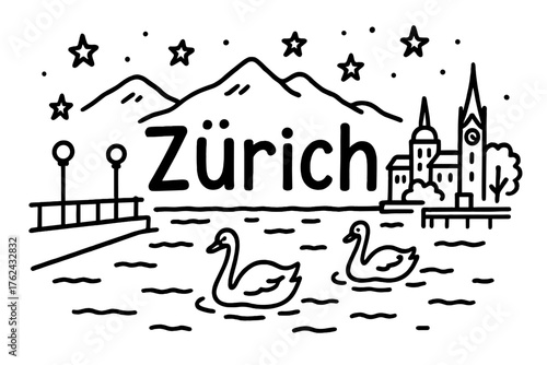 Zurich Lakefront Doodle. Doodle zurich lakefront with stars, swans, and mountains, center word “Zurich” in black and white