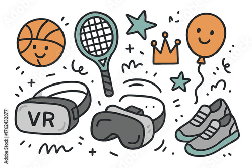 Sports VR Doodles. Sports VR doodle icon set: hand drawn icons of ball with smile, racket, crown, star, balloon, VR headset, and