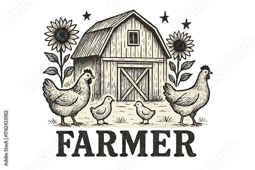 Barn, Chickens, and Stars. Hand-drawn barn with chickens, sunflowers, and stars, center word “Farmer” in black and white isolated
