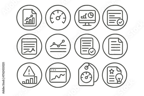 Operational Reporting Icons. Line style round icons of operational reporting: report file, KPI chart, dashboard screen, weekly