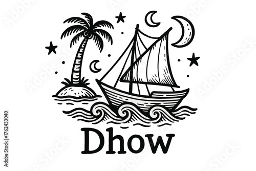Dhow with Stars. Hand-drawn island dhow with stars, waves, and moons, center word “Dhow” in black and white isolated transparent