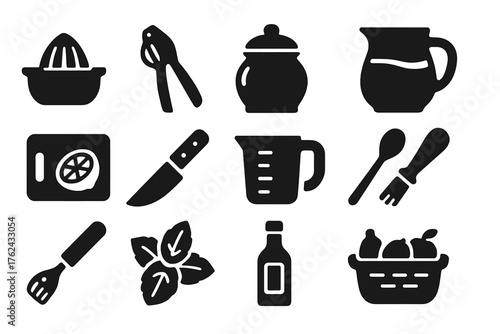 Lemonade Ingredients Icons. Solid style icons of Lemonade ingredients and tools: lemon squeezer, citrus press, sugar jar, water
