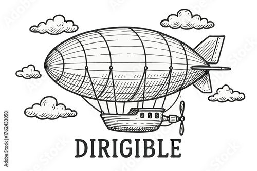 Hand-Drawn Dirigible. Hand-drawn dirigible with ropes, engines, and clouds, center word “Dirigible” in black and white isolated