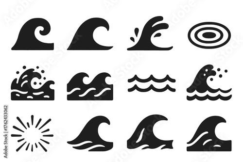 Wave Motion Icons. Solid style icons of Waves and Motion: rolling wave, crest shape, splash arc, ripple ring, water turbulence,