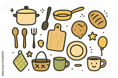 Home Cooking Doodle. Home cooking doodle icon set: hand drawn icons of pot, pan, spoon, fork, whisk, cutting board, bread, cup,