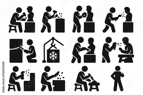 Sculptor's Craft. Solid style icons of Sculptor at Work: carving figure, hammer and chisel, polishing statue, chainsaw sculpting,