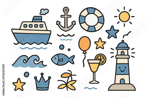 Cruise Icon Doodle Set. Cruise doodle icon set: hand drawn icons of ship, anchor, lifebuoy, wave, fish, crown, star, balloon,