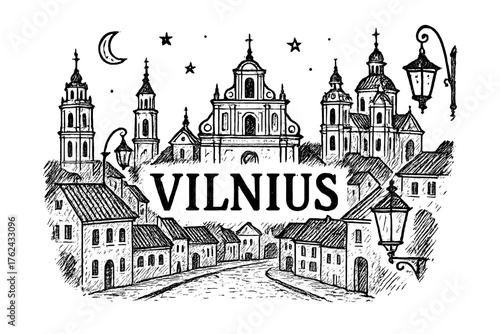 Vilnius Skyline Art. Hand-drawn vilnius old town with churches, moons, and lanterns, center word “Vilnius” in black and white