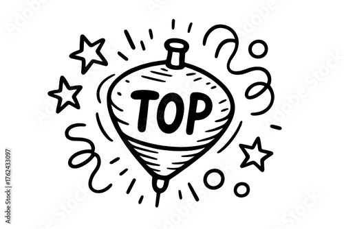Doodle Spinning Top. Doodle spinning top with stars, ribbons, and circles, center word “Top” in black and white isolated