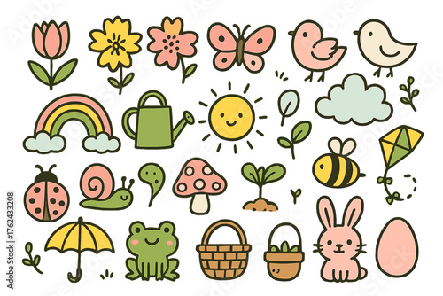 Spring Doodle Icons. Spring doodle icon set: hand drawn icons of tulip, daffodil, cherry blossom, butterfly, bird, rainbow,