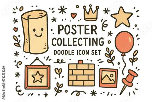 Doodle Poster Icons. Poster collecting doodle icon set: hand drawn icons of rolled poster with smile, crown, star, balloon, album,