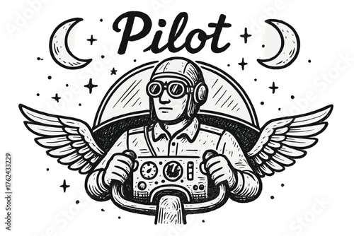 Pilot Cockpit Illustration. Hand-drawn cockpit pilot with moons, wings, and controls, center word “Pilot” in black and white