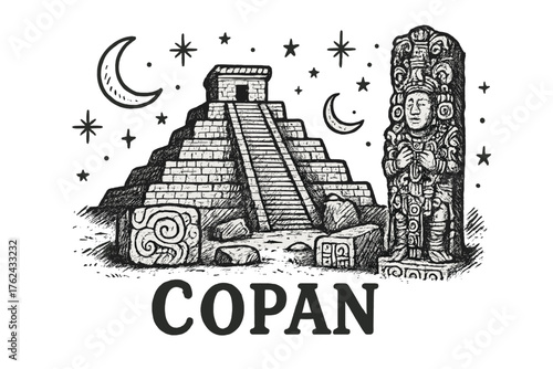 Copan Ruins Art. Hand-drawn copan ruins with moons, stars, and carvings, center word “Copan” in black and white isolated