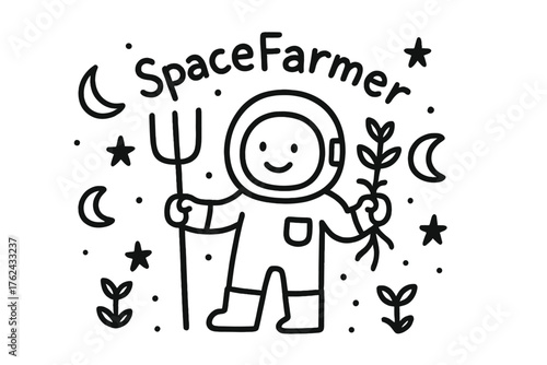 Doodle Space Farmer. Doodle space farmer with stars, moons, and plants, center word “SpaceFarmer” in black and white isolated