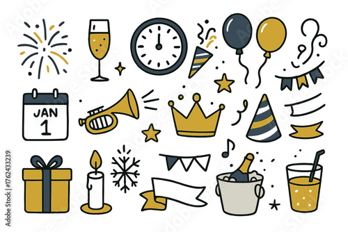 New Year Doodle Icons. New Year doodle icon set: hand drawn icons of fireworks, champagne glass, clock, confetti, balloons, mask,