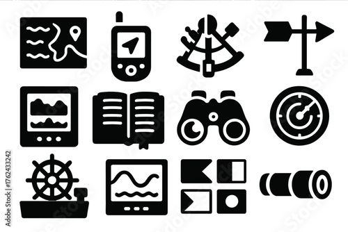 Sailing Navigation Icons. Solid style icons of Sailing navigation tools: sea chart, GPS device, sextant, wind vane, depth sounder,