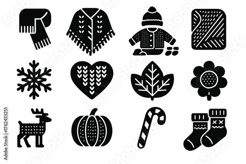 Seasonal Knitting Icons. Solid style icons of Seasonal knitting themes: winter scarf, autumn shawl, spring baby set, summer cotton