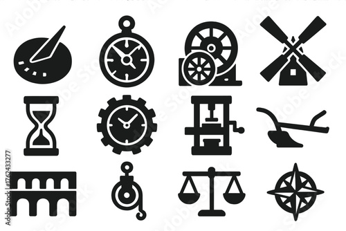 Historical Technology Icons. Solid style icons of Historical Technology: sundial, astrolabe, water wheel, windmill sails,
