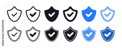 Shield check mark icon or security shield protection icon with tick symbol. vector blue shield icon secured sign