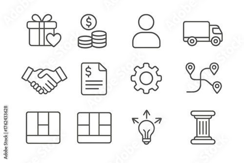 Business Model Icons. Line style round icons of business model design: value proposition, revenue stream, customer segment,