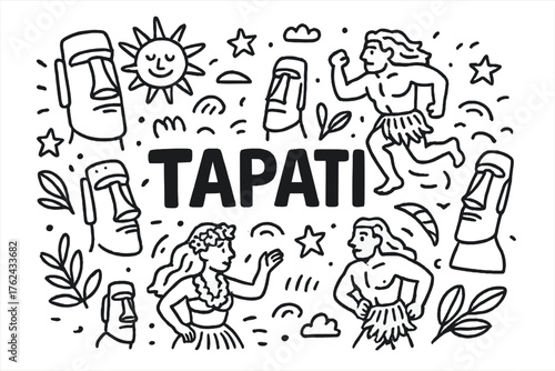 Tapati Festival Doodle. Doodle easter island tapati festival with statues, suns, and stars, center word “Tapati” in black and