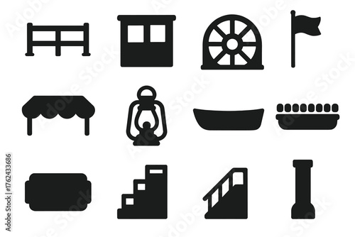Paddleboat Icon Set. Solid style icons of Paddleboat Structure: side railing, upper cabin, wheelhouse, paddle enclosure, flagpole,