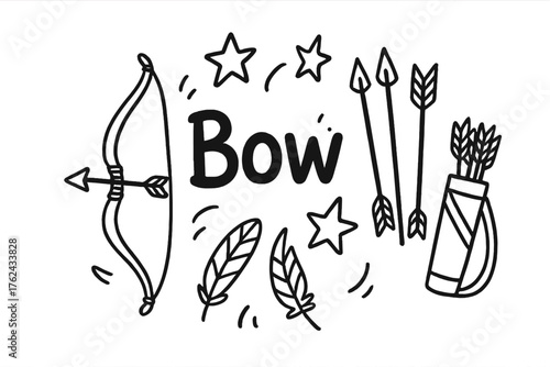 Bow and Arrows Doodle. Doodle bow and arrows with stars, feathers, and quiver, center word “Bow” in black and white isolated