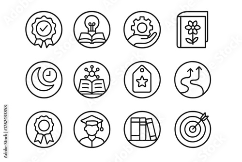 Lifelong Learning Icons. Line style round icons of lifelong learning: self-paced badge, knowledge icon, skill building, hobby book