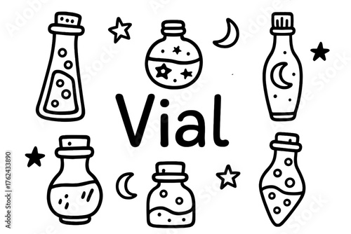 Magical Crystal Vials. Doodle crystal vials with stars, potions, and moons, center word “Vial” in black and white isolated