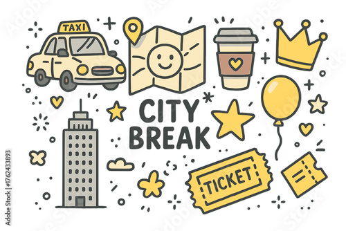 City Break Icons. City break doodle icon set: hand drawn icons of taxi, map with smile, coffee, crown, star, balloon, skyscraper,