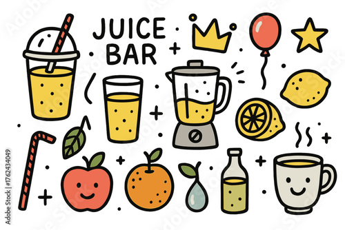 Juice Bar Icons. Juice bar doodle icon set: hand drawn icons of smoothie, juice glass, blender, fruit, straw, lemon, orange, apple