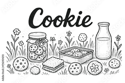 Cookie Meadow Scene. Hand-drawn cookie meadow with biscuits, jars, and milk, center word “Cookie” in black and white isolated
