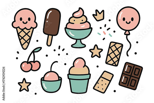 Cute Ice Cream Icons. Ice cream doodle icon set: hand drawn icons of cone with smile, popsicle, sundae, cherry, sprinkles, crown,