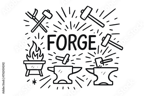 Hephaestus Forge Doodle. Doodle hephaestus forge with anvils, sparks, and hammers, center word “Forge” in black and white isolated