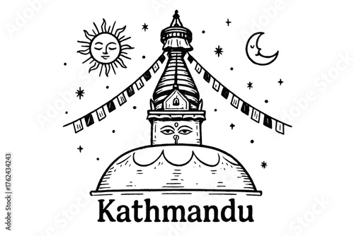 Kathmandu Stupa Art. Hand-drawn kathmandu stupa with prayer flags, moons, and suns, center word “Kathmandu” in black and white