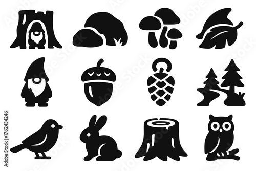 Forest Gnome Icons. Solid style icons of Forest Gnomes: tree hollow home, mossy rock, mushroom cluster, leafy hat, acorn cup,