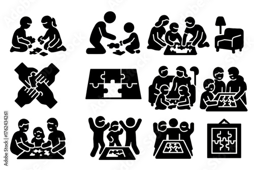 Family Puzzle Bonding. Solid style icons of Family Puzzle Time: children assembling puzzle, parent guiding, group effort, teamwork