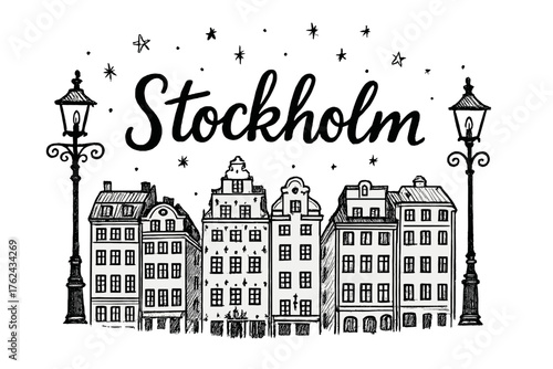 Stockholm Old Town Lanterns. Hand-drawn stockholm old town with lanterns, houses, and stars, center word “Stockholm” in black and