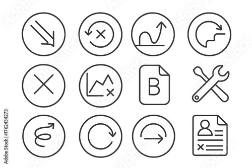 Feedback Symbols Icons. Line style round icons of failure as feedback: broken arrow, retry icon, bounce back, retry steps; cross