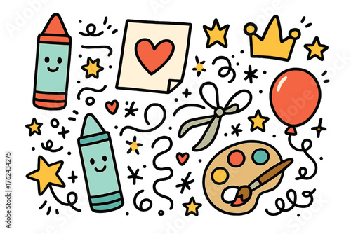Kids Art Party Icons. Art kids party doodle icon set: hand drawn icons of crayons with smile, paper, crown, star, balloon,