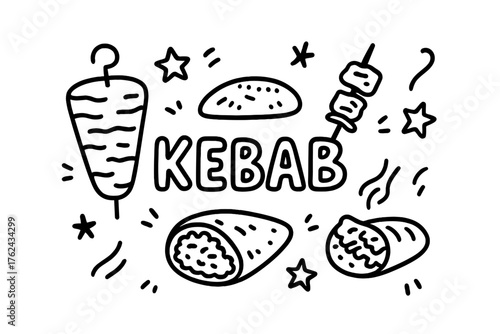 Kebab Doodle Art. Doodle turkish kebab with stars, skewers, and bread, center word “Kebab” in black and white isolated transparent