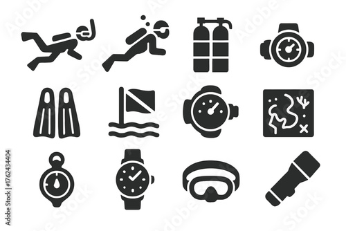 Reef Diving Icons. Solid style icons of Reef diving and snorkeling: snorkeler icon, scuba diver, diving tank, underwater fins,