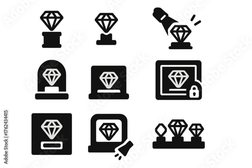 Gemstone Display Icons. Solid style icons of Gemstone Display: museum pedestal, crystal mount, spotlight beam, glass dome, gem
