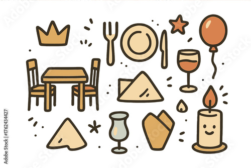 Dining Room Doodle Set. Dining room doodle icon set: hand drawn icons of table, chairs, plate, fork, knife, crown, star, balloon,