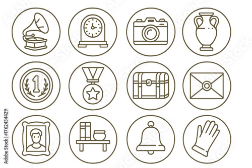 Antique Line Icons. Line style round icons of antique collections: gramophone, clock, camera, vase; coin, medal, trunk, letter;